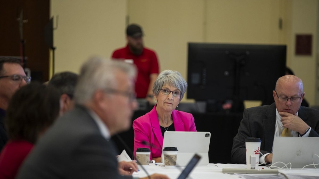 Board of regents president Sherry Bates listens to a finance presentation during a board meeting at the Iowa State Alumni Building in Ames on Wednesday, Sept. 18, 2024. The University of Iowa’s new School of Earth, Environment, and Sustainability plans to bring together students, faculty, and researchers interested in sustainability, sciences and the environment.